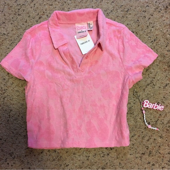 Barbie Tops - Barbie terry pink floral print cropped polo collared shirt Forever 21 collab